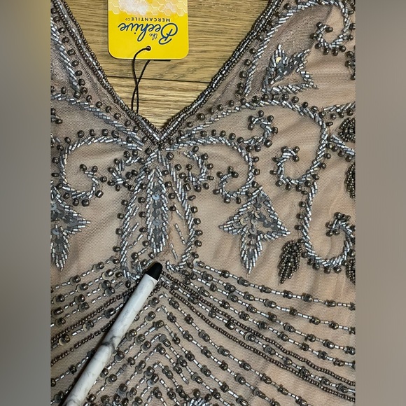 NWT PISARRO NIGHTS Beaded Rose Nude Mesh Longline Dress Red Carpet Evening Gown - Picture 10 of 13